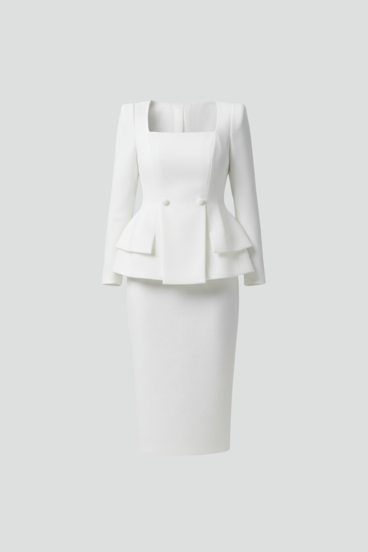 Women's sophisticated co-ord blazer and midi skirt suit set, a versatile formal wear two-piece.