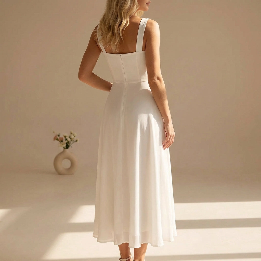 Timeless women's square neck midi dress, sleeveless. Elegant summer fashion, versatile for casual or party wear.