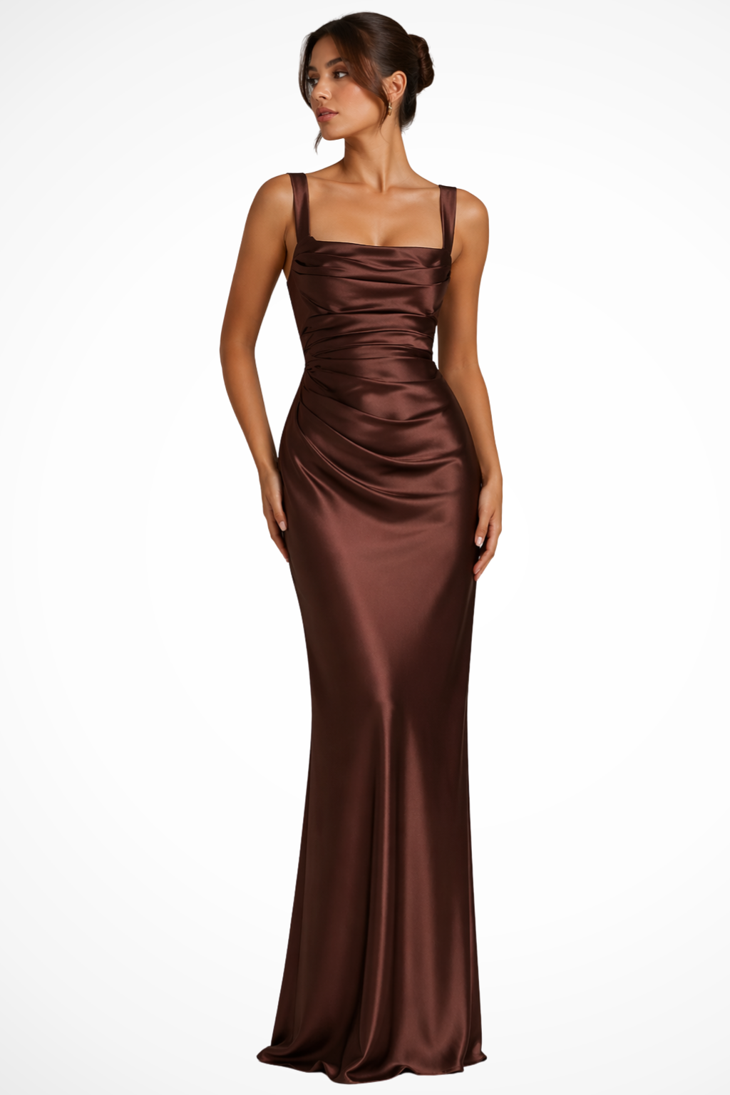 Long ruched square neck women's dress, ideal as a wedding guest dress or formal party attire.