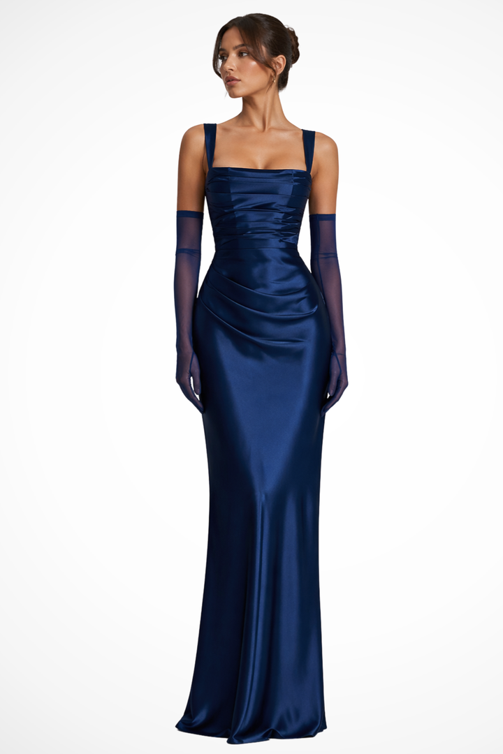 Sophisticated women's square neck ruched maxi dress, an elegant formal gown for weddings & special occasions.