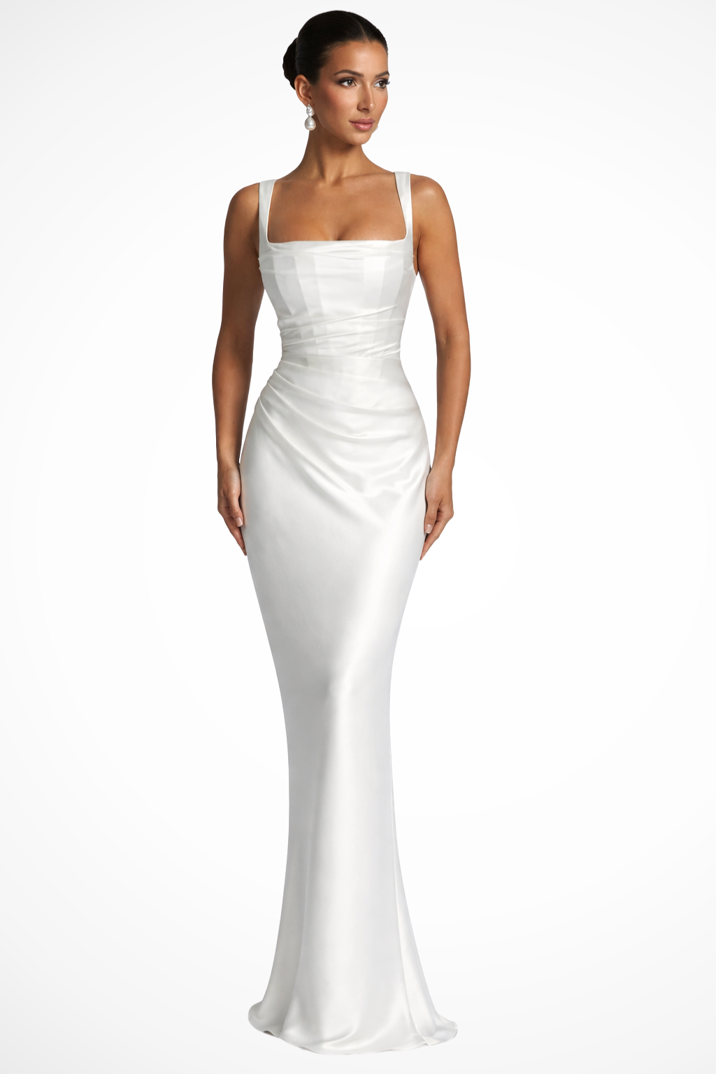 Comfortable & elegant square neck ruched maxi dress for women, suitable for wedding guests and formal events.