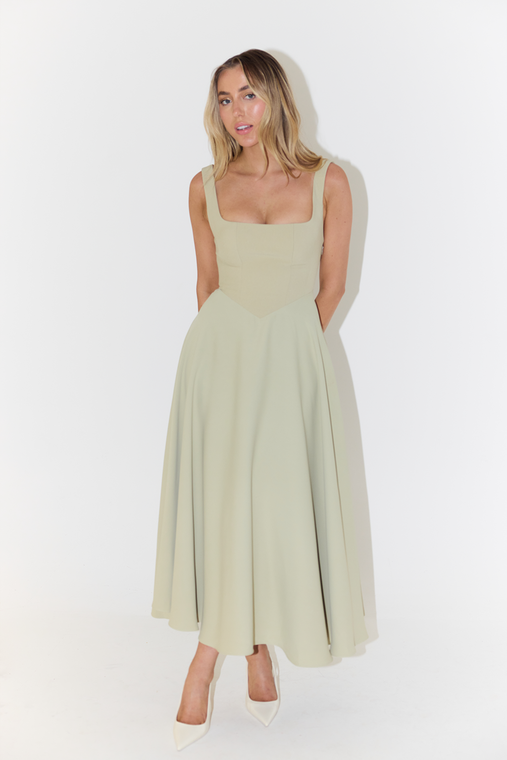 Day-to-night women's square neck sleeveless midi dress, truly versatile & elegant for any event.