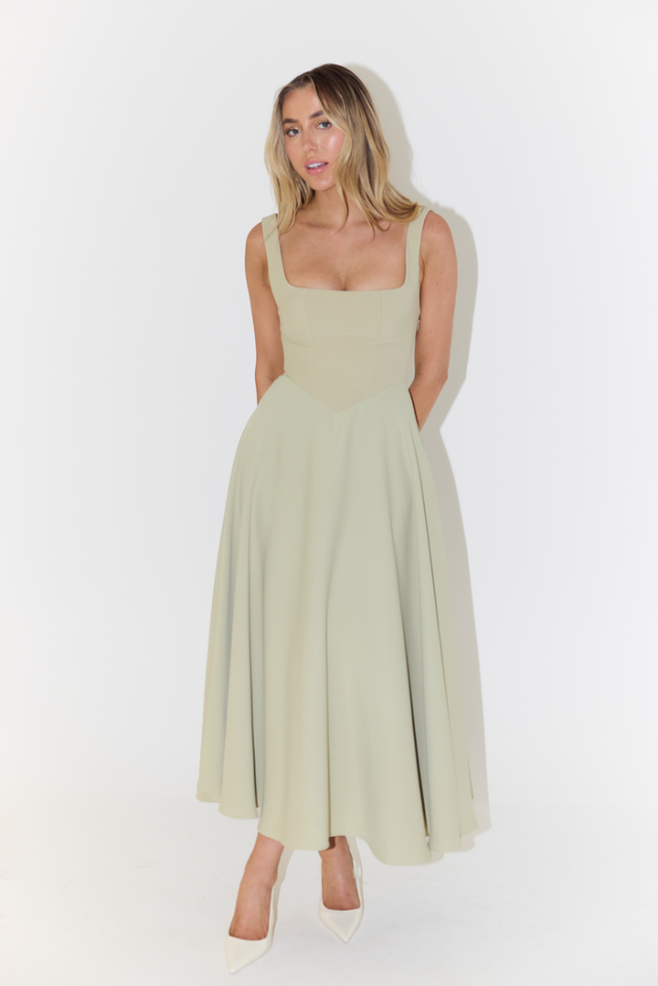 Day-to-night women's square neck sleeveless midi dress, truly versatile & elegant for any event.