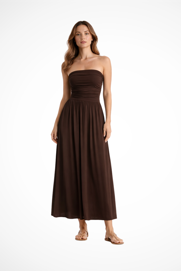 Elegant women's strapless brown pleated maxi dress, perfect for evening parties.