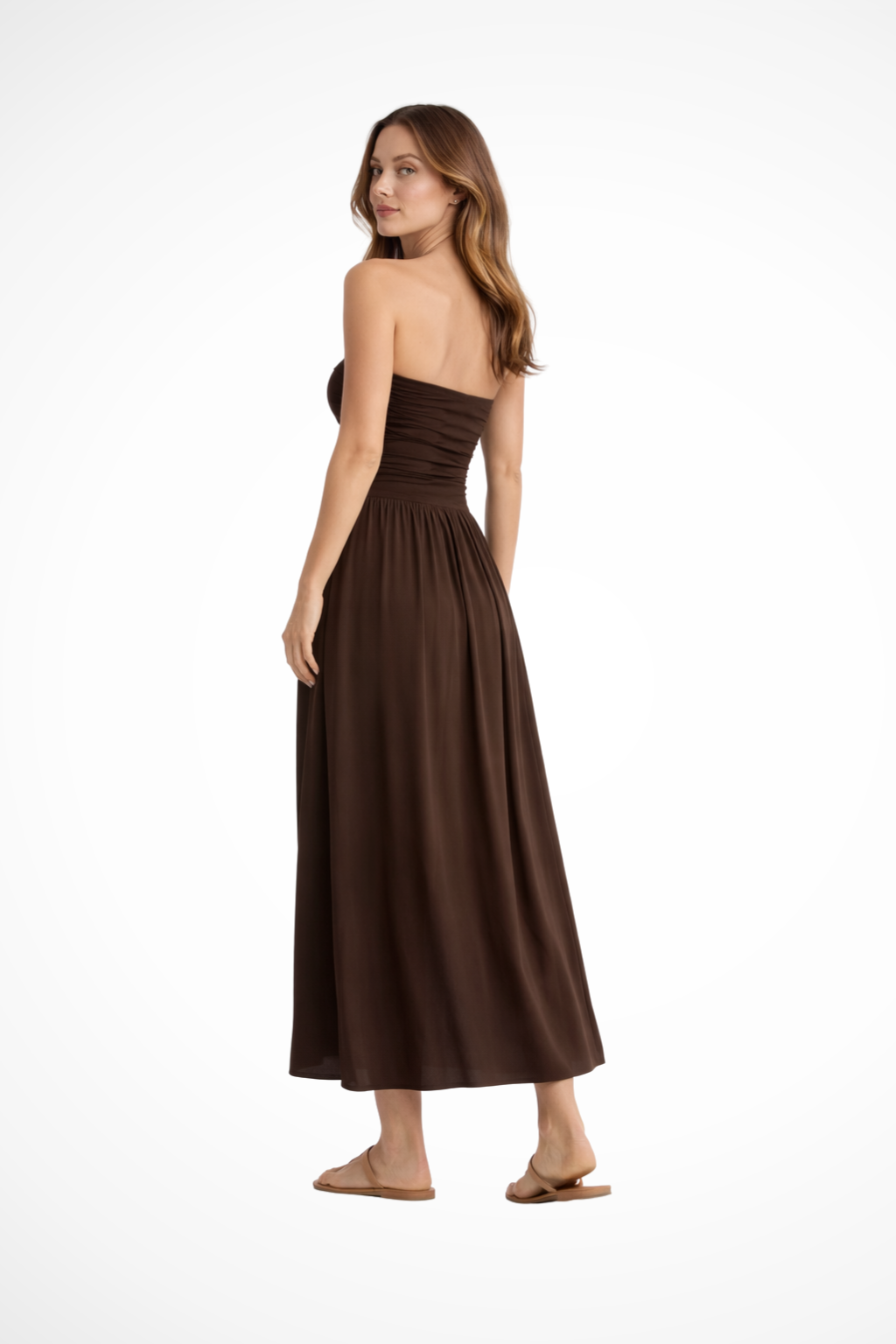 Comfortable brown strapless pleated maxi dress for women, versatile summer or party wear.