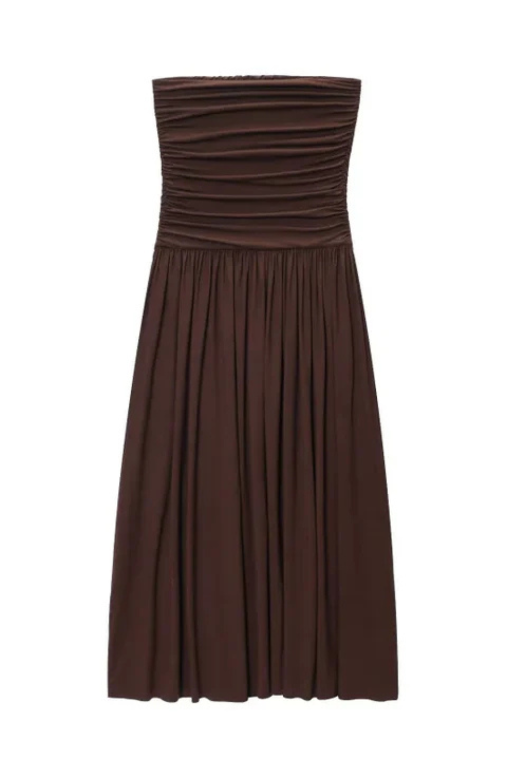 Elegant & comfortable women's brown strapless pleated maxi dress, perfect for versatile party or evening wear.