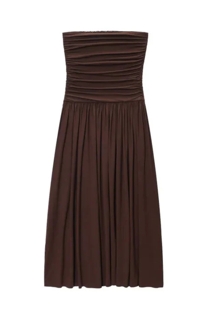 Elegant & comfortable women's brown strapless pleated maxi dress, perfect for versatile party or evening wear.