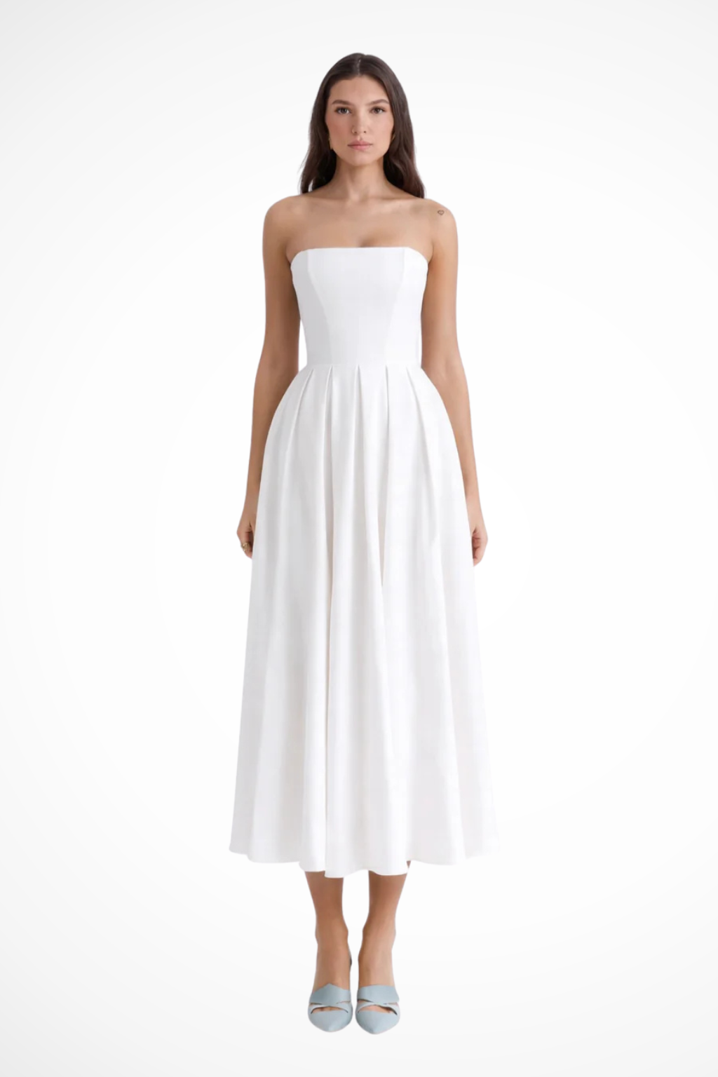 Elegant women's strapless corset midi dress with a flowing flared skirt, perfect for formal events & parties.