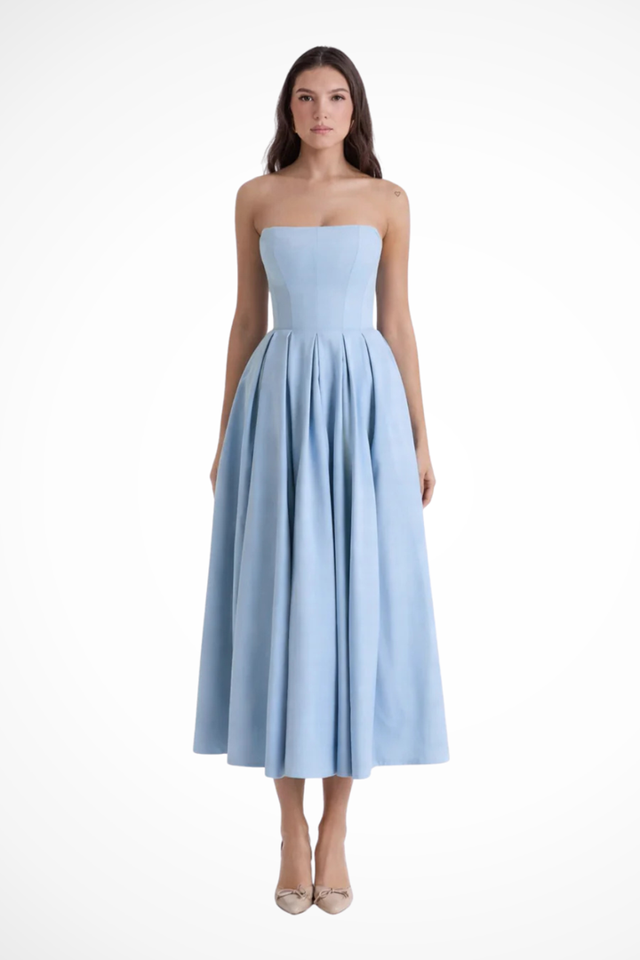 Sophisticated women's formal midi dress with a strapless corset top and a beautiful, flattering flared skirt.