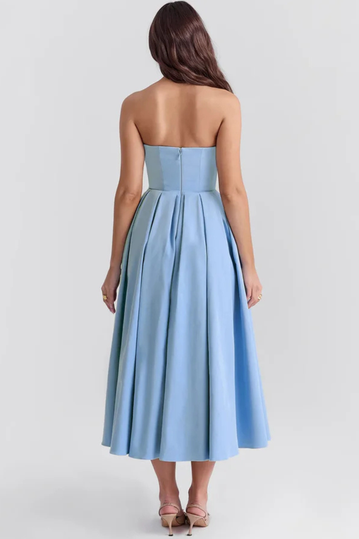 Gorgeous women's party midi dress featuring a strapless corset design and a flowing, elegant flared skirt.