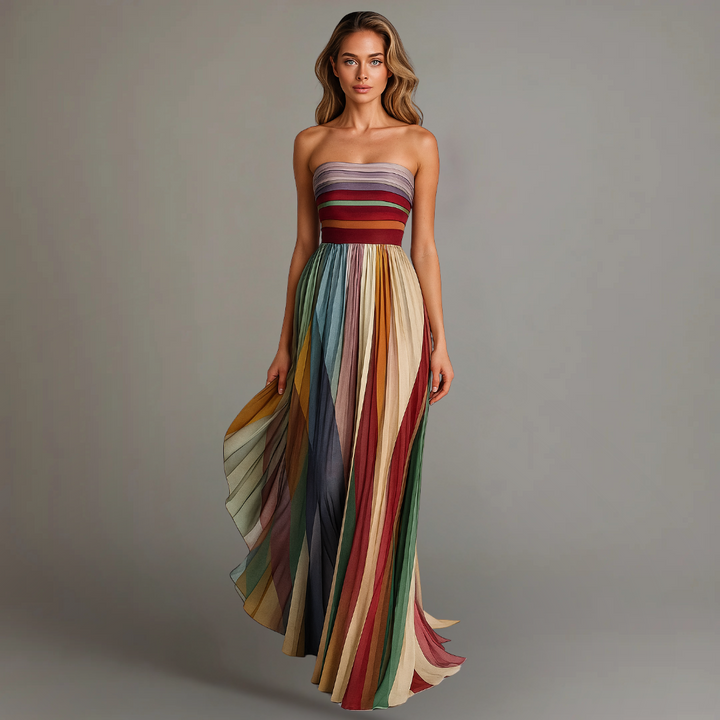 Elegant women's strapless pleated maxi dress with chic stripes, perfect for summer parties & resort wear.