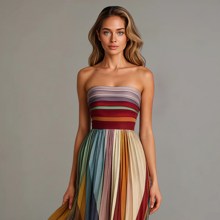 Flowy strapless striped maxi dress for women, ideal as an elegant evening gown or formal summer occasion wear.