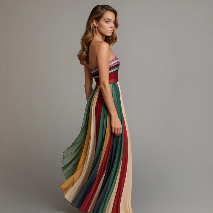 Chic women's strapless pleated maxi dress featuring elegant stripes, a must-have for summer fashion.