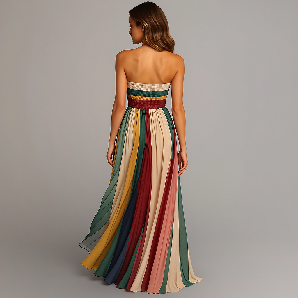 Stylish women's elegant striped strapless maxi dress, versatile for summer events, parties & resort fashion.