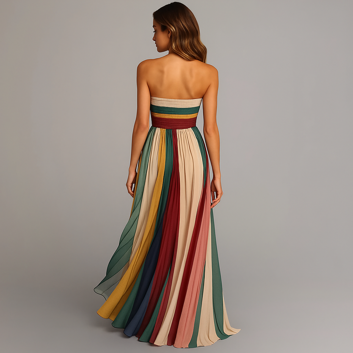 Stylish women's elegant striped strapless maxi dress, versatile for summer events, parties & resort fashion.