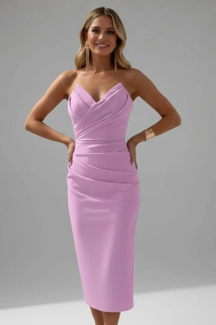 Chic purple strapless midi dress with ruched details, sweetheart neckline, elegant women's evening wear.