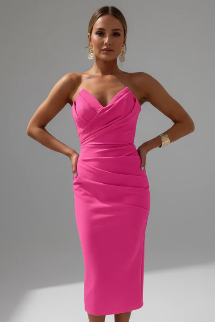 Elegant strapless ruched midi dress for women, sweetheart neckline, perfect for evening & party wear.