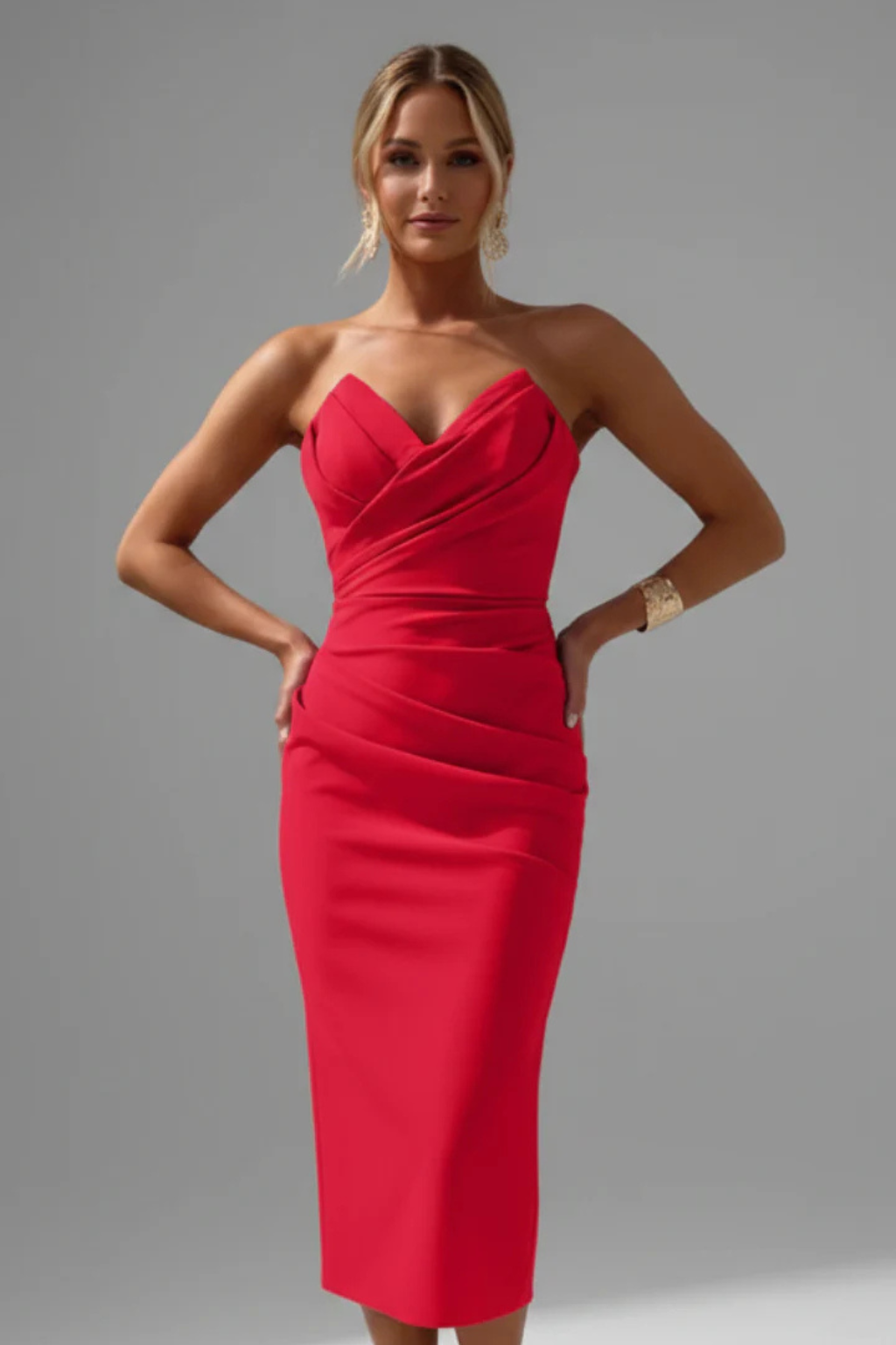Women's formal strapless ruched midi dress, flattering bodycon fit, elegant sweetheart neckline design.