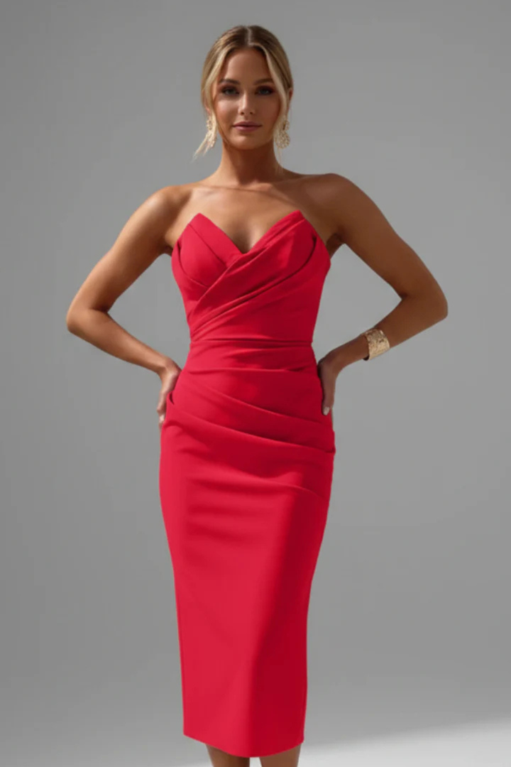 Women's formal strapless ruched midi dress, flattering bodycon fit, elegant sweetheart neckline design.
