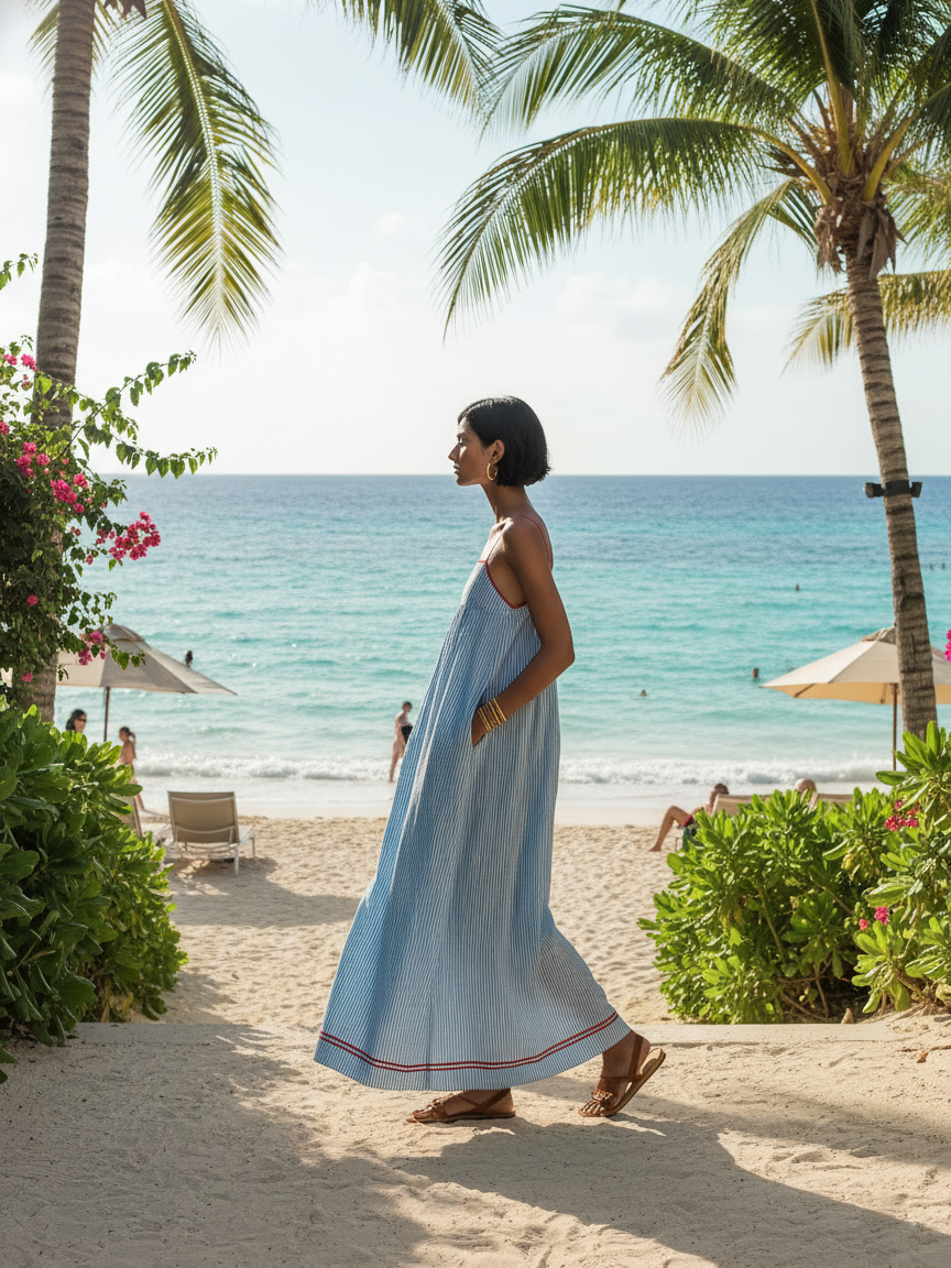 Stylish women's striped maxi dress, ideal as a comfortable summer or holiday dress with spaghetti straps.