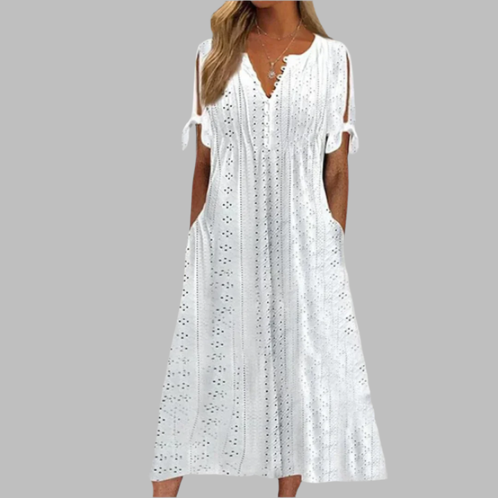 Elegant women's summer boho midi dress, perfect for warm weather and chic casual style. Flowy and comfortable.