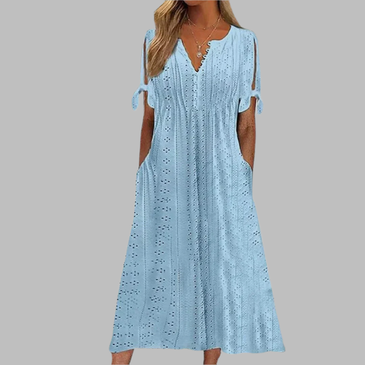Women's elegant spring/summer midi dress with a comfortable boho style. Perfect for casual or dressy occasions.