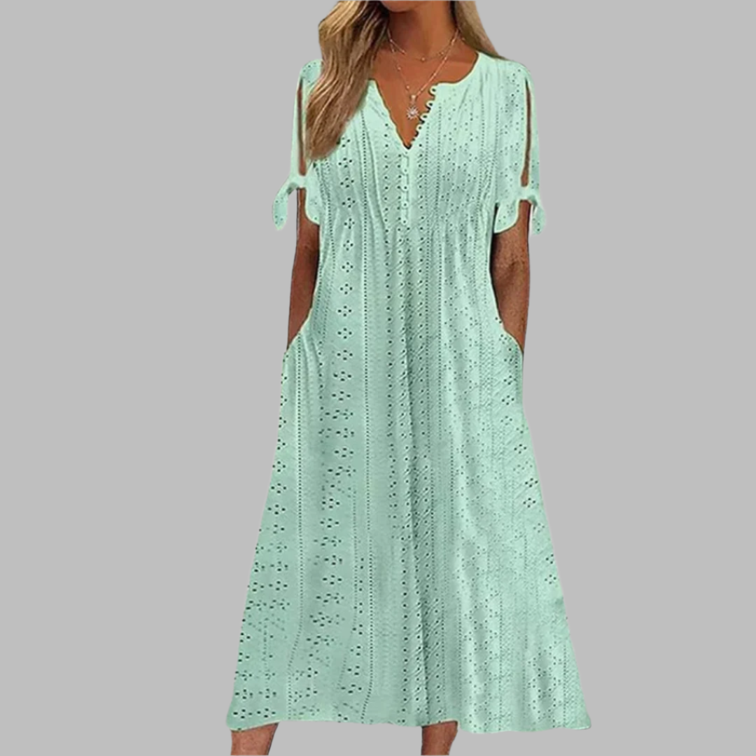 Long flowy boho midi dress for women, an elegant summer and spring dress perfect for any casual event.
