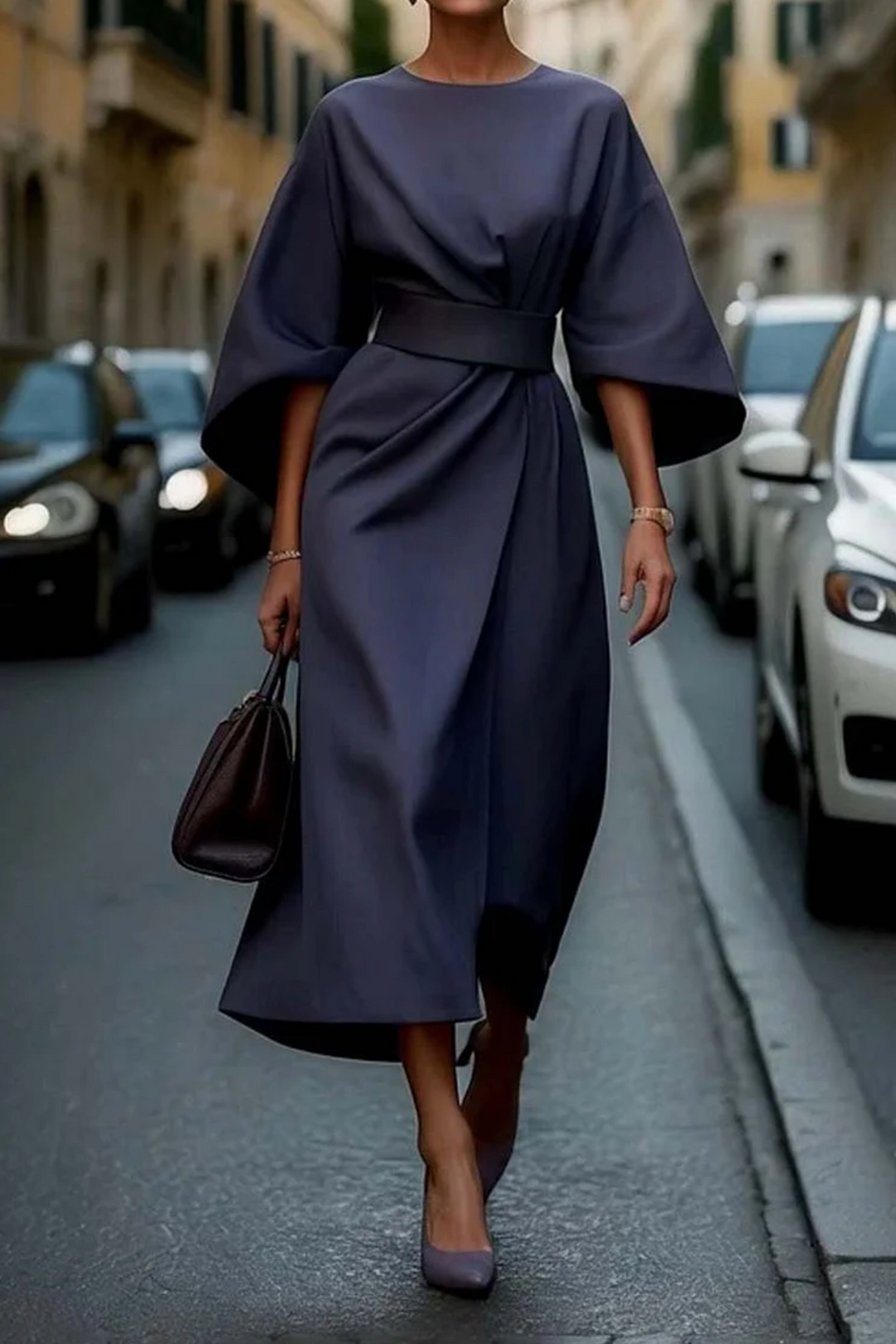 Chic belted summer midi dress for women, featuring elegant wide sleeves, ideal for parties & day wear.