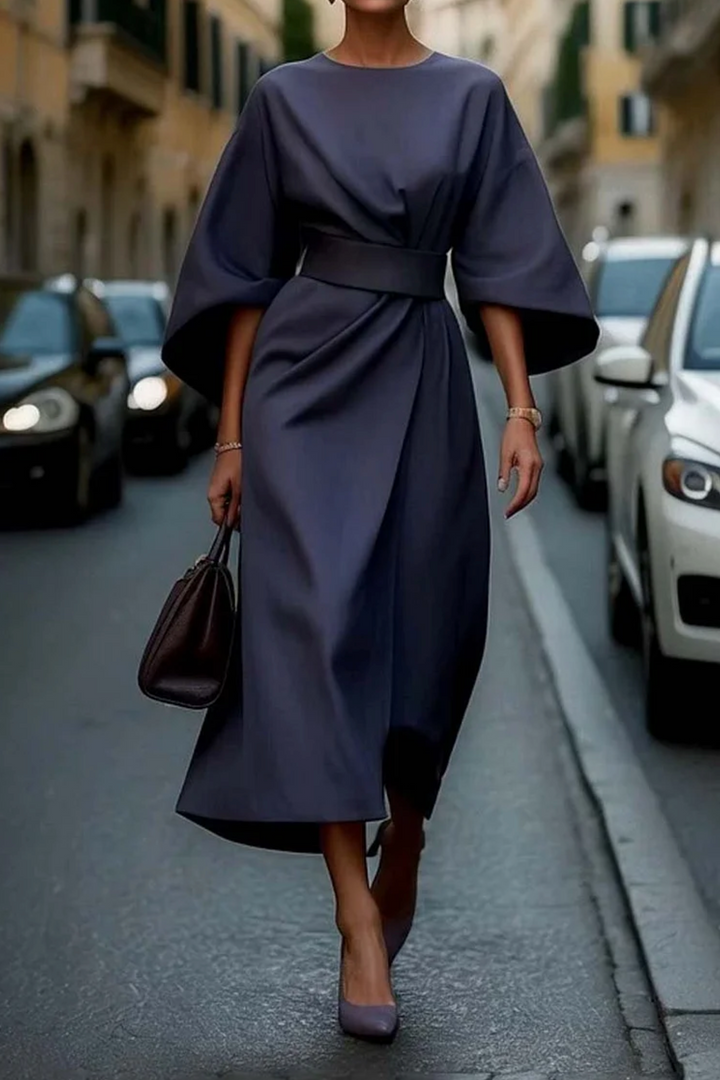 Chic belted summer midi dress for women, featuring elegant wide sleeves, ideal for parties & day wear.
