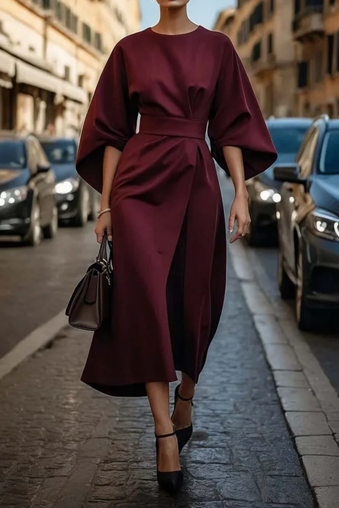 Comfortable & chic women's summer midi dress with a flattering belt and elegant wide sleeves, versatile fashion.
