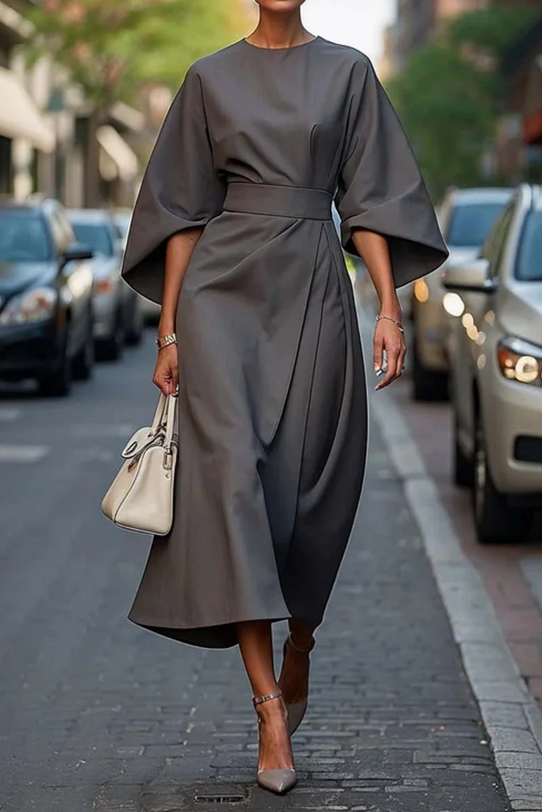 Fashionable women's belted summer dress with a midi silhouette and striking flowing wide sleeves.