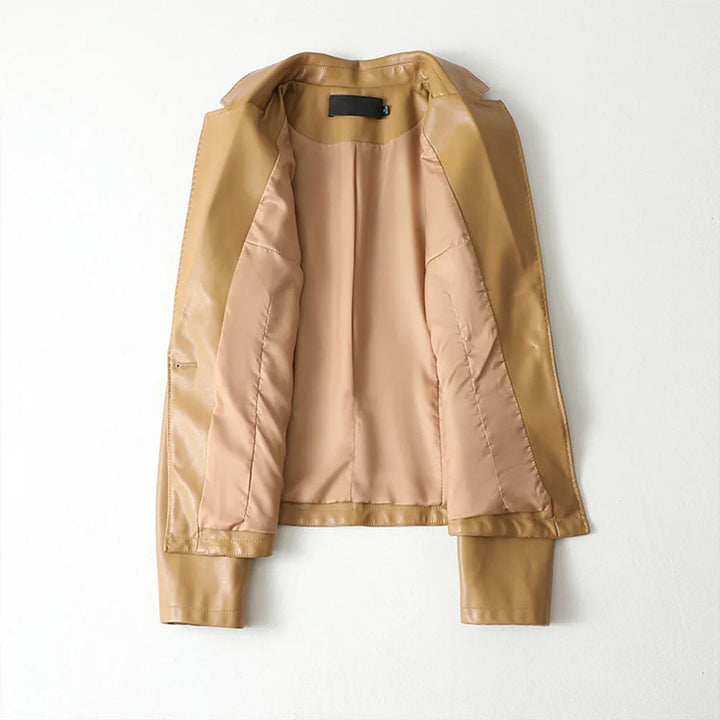 Elegant women's tailored blazer jacket in camel, perfect for professional or chic office wear.