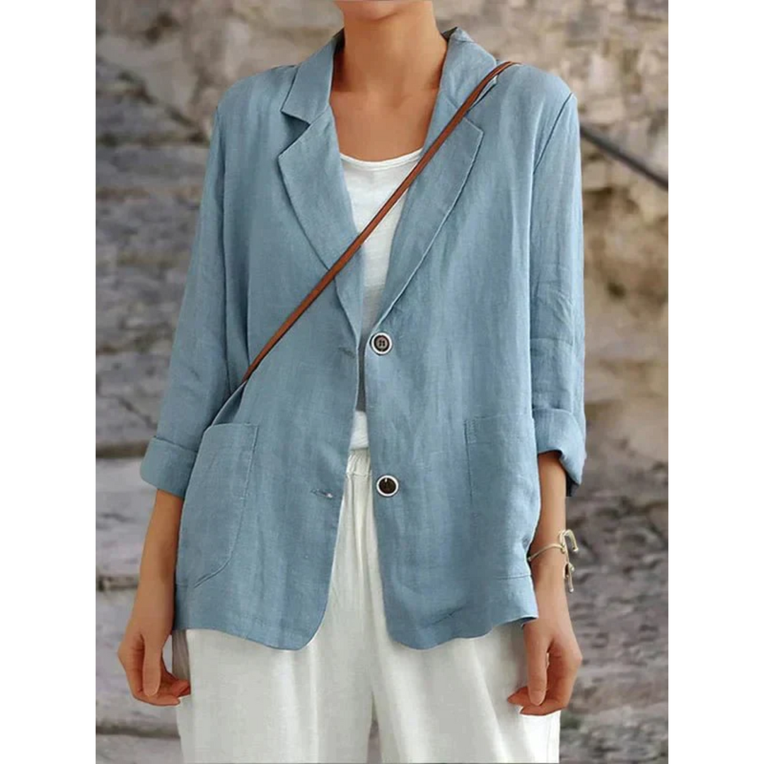 Elegant women's tailored blazer jacket, lightweight, ideal for smart casual or office wear. Versatile spring style.