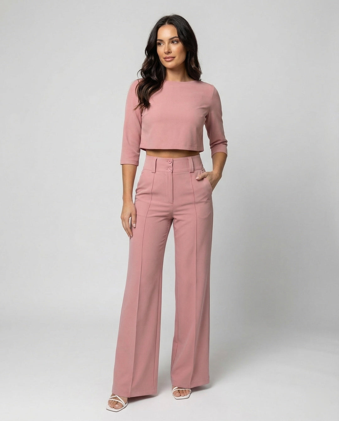 Elegant women's tailored pants set, chic two-piece outfit for office or casual autumn wear.