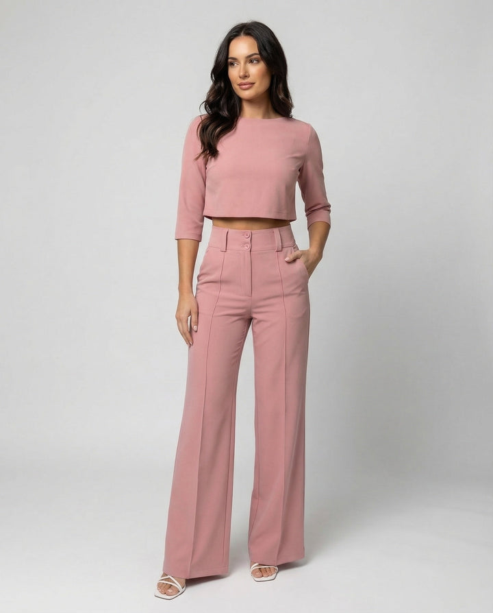 Elegant women's tailored pants set, chic two-piece outfit for office or casual autumn wear.