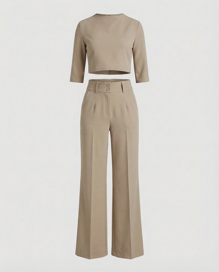 Elegant women's two-piece pants set with comfortable elastic waist, tailored for chic office & casual autumn style.