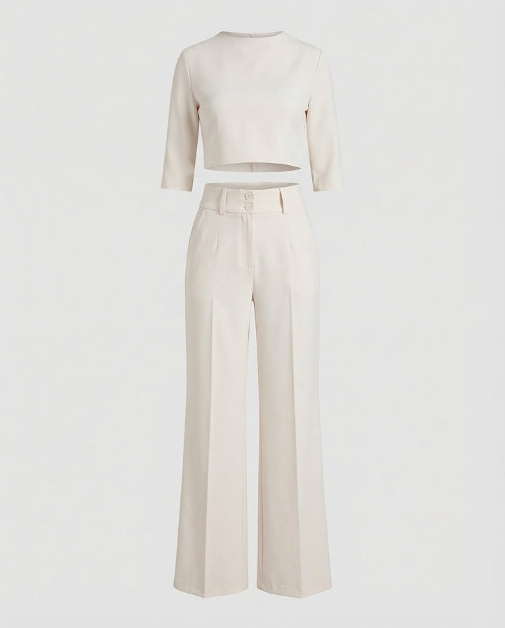 Versatile women's tailored pants set with crop top, elegant for office, comfortable for casual autumn wear.