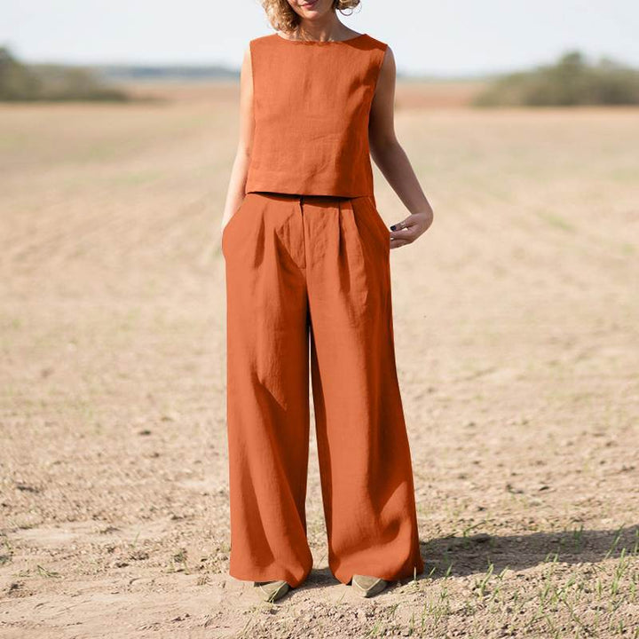Chic women's two-piece outfit, tailored for business casual or comfortable, elegant everyday fashion.