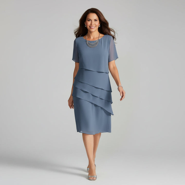 Flowy formal tiered midi dress for women, ideal for summer weddings, celebrations, and formal events.