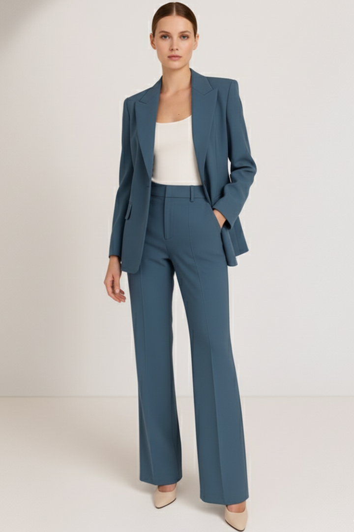 Elegant women's trouser suit set with blazer & straight leg pants, perfect for office & formal events.