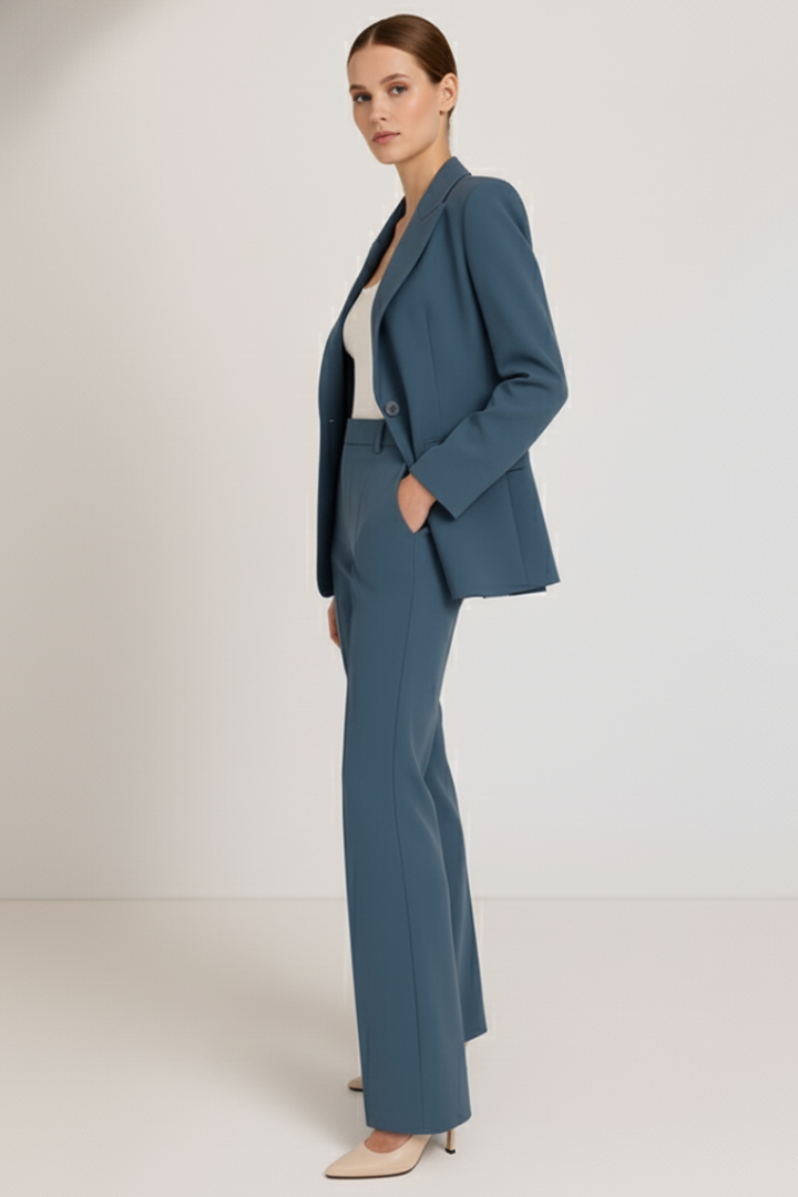 Sophisticated women's blazer and straight leg trouser set, ideal for office wear and special occasions.