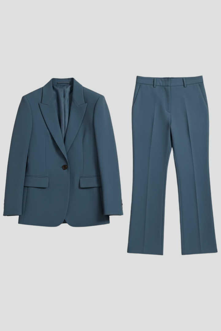 Professional women's elegant two-piece suit, a versatile blazer & straight leg trouser ensemble.