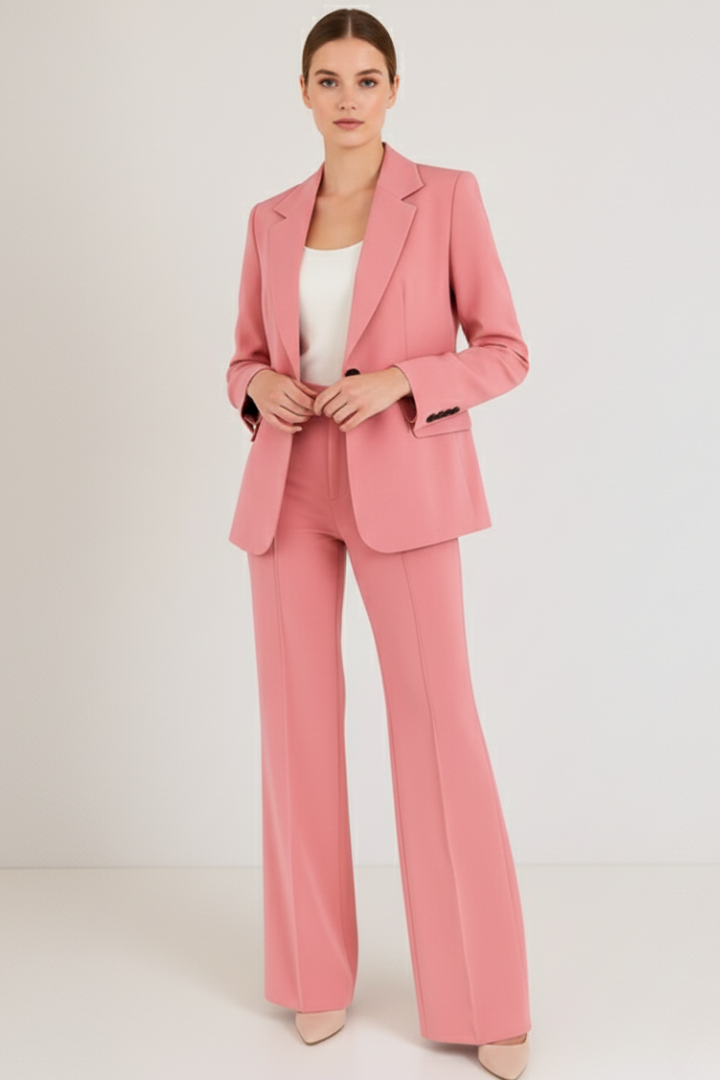 Stylish women's fashion trouser suit with a tailored blazer & comfortable straight leg pants.