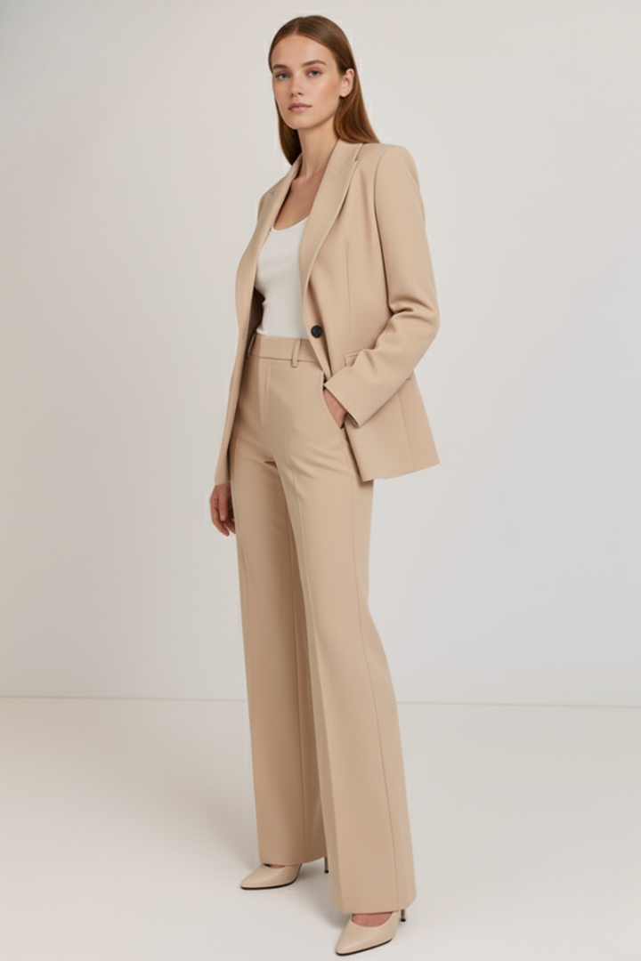 Versatile women's formal wear: elegant blazer & straight leg trousers for business or smart events.