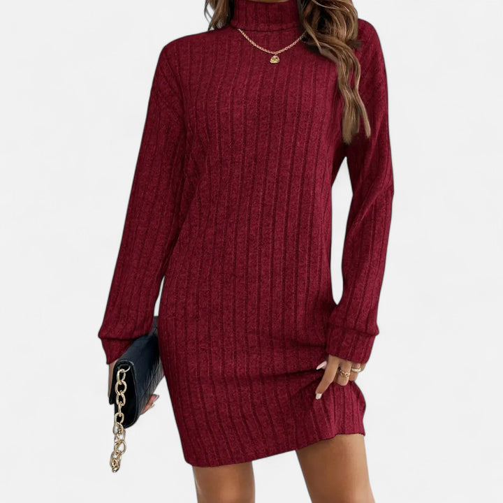 Elegant women's turtleneck midi dress, perfect for autumn & winter fashion. Long sleeve for warmth.