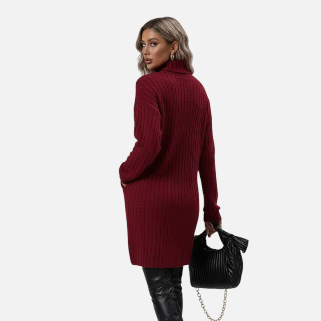 Stylish women's autumn dress: elegant long-sleeve turtleneck midi, ideal for cold weather.