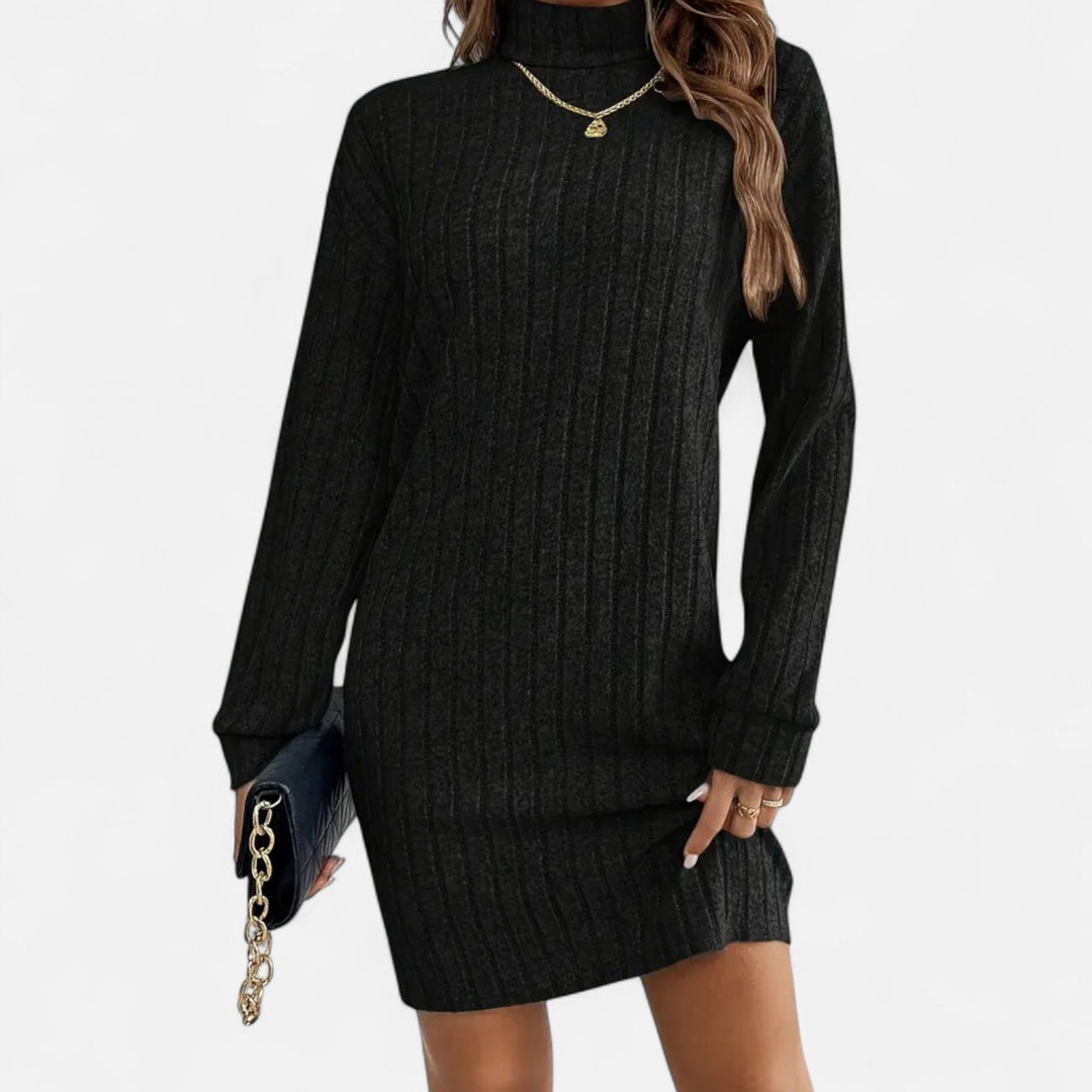 Classic women's elegant turtleneck midi dress, a cozy long-sleeve option for autumn & winter fashion.