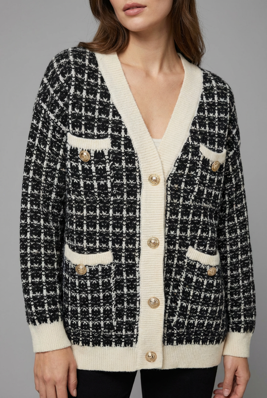Elegant women's tweed-style knit cardigan with V-neck, perfect for chic autumn and winter layering.