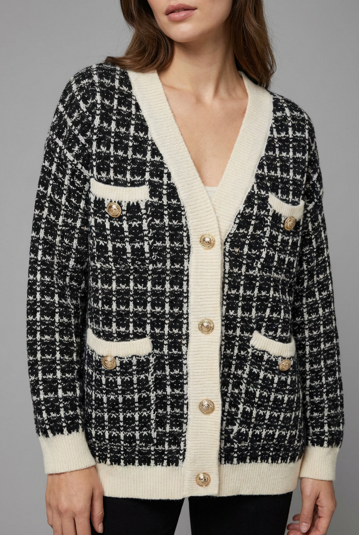 Elegant women's tweed-style knit cardigan with V-neck, perfect for chic autumn and winter layering.