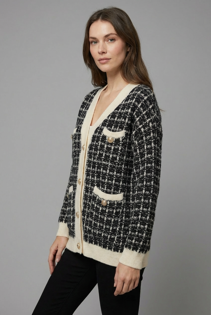 Chic women's knit cardigan featuring gold buttons & a V-neck, ideal for cozy autumn fashion & winter style.